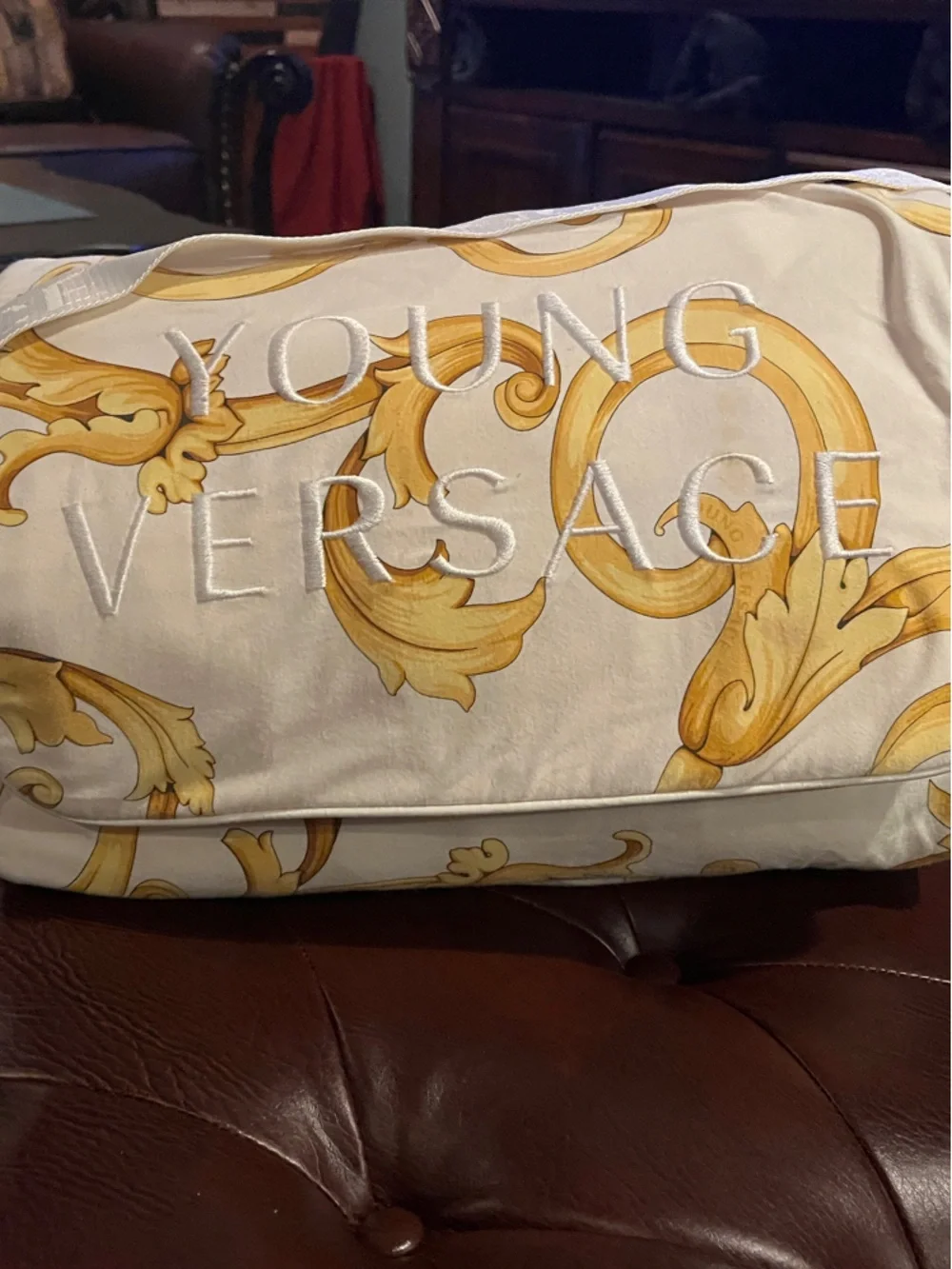 Versace Vintage Cream Messenger Bag with Gold Baroque Print
